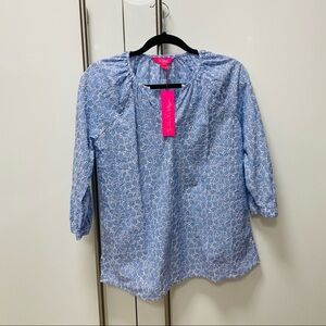 NWT Lilly Pulitzer Cotton Blue White Eyelet Shirt Willa Top 3/4 Sleeve Size XS